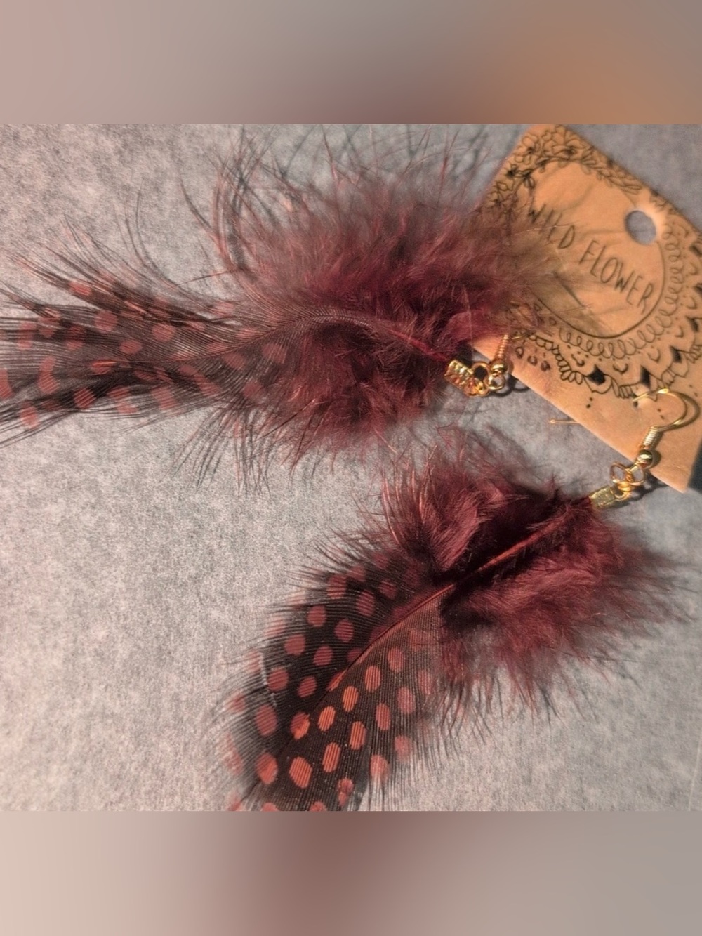 Earrings Wildflower Feathers, spotted Copper & Brown, Autumnal, Pierced, drop